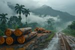Stacks of freshly cut logs sit beside a muddy road that winds through a dense, tropical forest. The logs, showcasing their raw textures and warm hues, contrast against the cool, misty backdrop of lush, green foliage and towering palm trees. Overcast skies and diffused light create a somber, atmospheric mood. The scene suggests themes of resource extraction and environmental issues. Ideal for illustrating articles on forestry, conservation, and sustainable development, the image may also find application in travel-related content and documentary filmmaking.